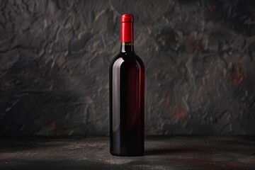 Fototapeta premium Wine bottle with red cap standing on a dark background, creating a sophisticated and inviting image