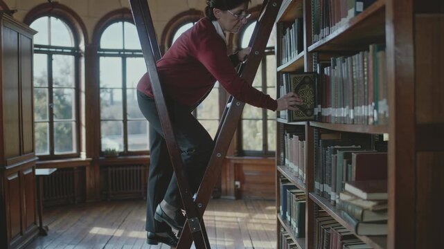 Woman librarian on a ladder putting a book back on a high shelf in an old library with large windows