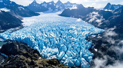 A prominent glacier situated in the heart of a majestic mountain range