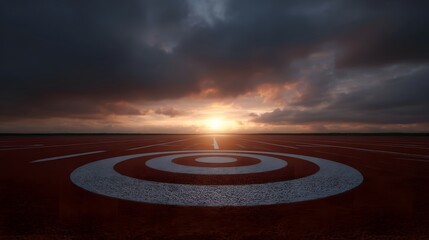 Fototapeta premium Dramatic sunset over a running track with a target symbolizing goals and achievement