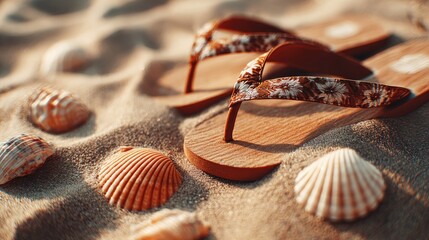 Flip flops and seashells resting on warm beach sand