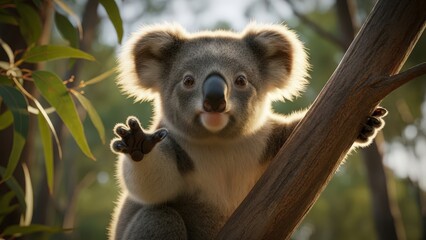 Obraz premium Koala sitting on tree branch looking at camera in sunlit forest, with fur glowing from bright sun