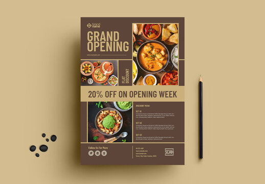 Restaurant Grand Opening Promotional Flyer with Food Photography and Discount Offer