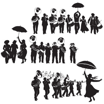 Parade band silhouettes with musicians, dancers and umbrellas