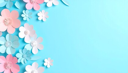 Pastel paper flowers cascade across a soft blue surface, creating a delicate, 3D floral design