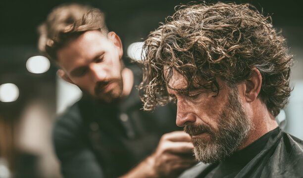 Barber styling curly hair of male client in salon