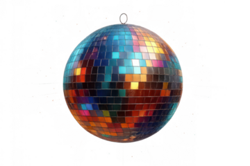 Shiny disco ball casting vibrant reflections, symbolizing fun, entertainment, and retro nightlife, isolated on transparent background