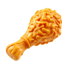 A bright orange plastic toy drumstick styled to look like fried chicken isolated on white