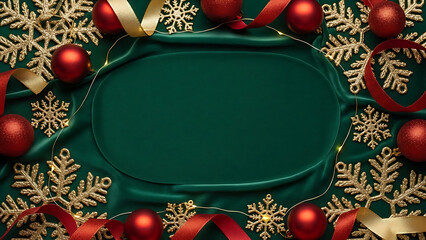Luxurious Green Velvet Christmas Background with Golden Snowflakes, Red Baubles, and Ribbons – Perfect for Elegant Holiday Season Greetings and Festive Invitations