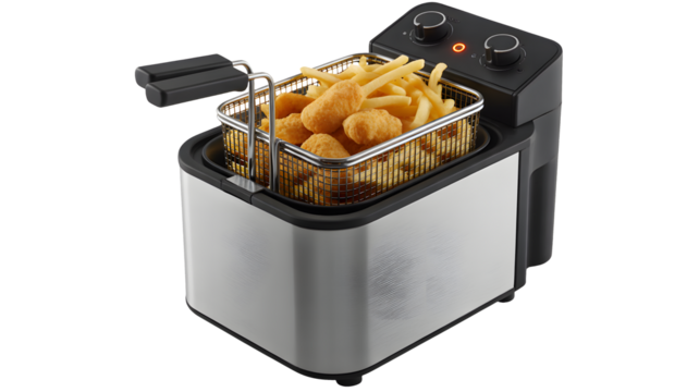 A metal deep fryer basket holds golden french fries and crispy chicken nuggets.