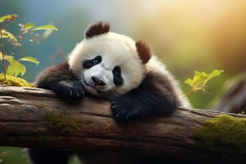 Naklejka premium Cute baby panda resting on a tree branch, enjoying the sunlight filtering through the leaves