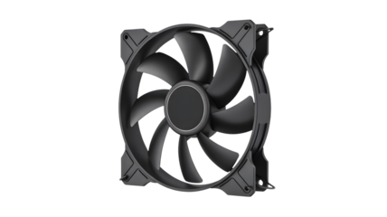A black fan with curved blades spins silently in the darkness.
