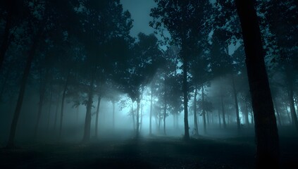 Fototapeta premium Ethereal forest scene with glowing mist illuminating tall trees in a mysterious and atmospheric woodland setting