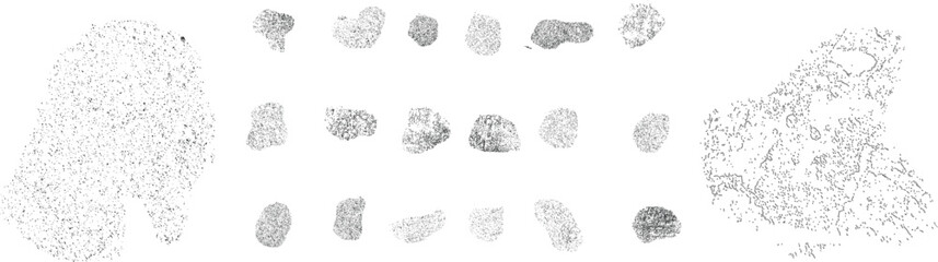 Grainy abstract forms set. Spray effect. Blob noise textures for template presentation, banner . Distressed isolated shapes .Grunge textured . Distress vector shapes with specks .Print texture