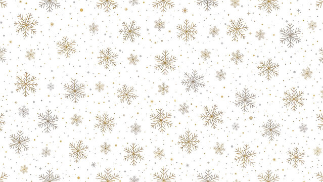 Elegant golden snowflake seamless pattern with sparkling dots on a clean white background. Perfect festive design for winter holidays, Christmas, and New Year celebrations