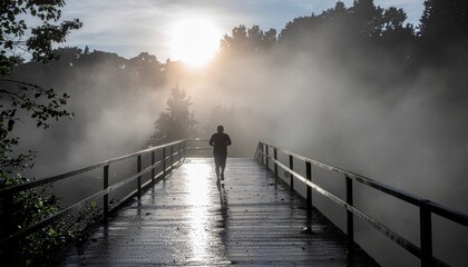 Man jogging across a wooden bridge on a foggy morning with sunbeams piercing through.