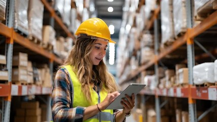 Professional female worker conducts inventory check in a warehouse wearing hard hat and reflective vest during the day - Powered by Adobe