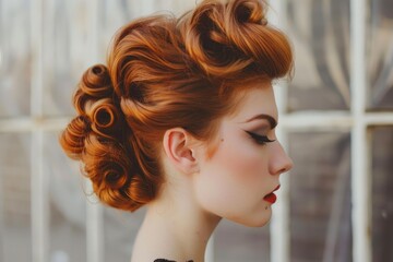 Naklejka premium Profile of a beautiful woman with red hair in retro style and elegant makeup