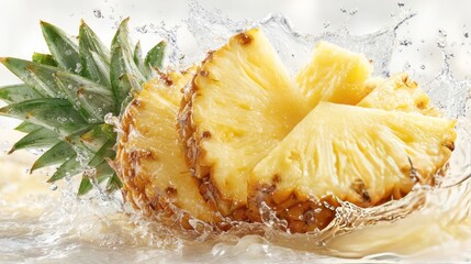 Sliced pineapple fruit splashing in fresh clear water