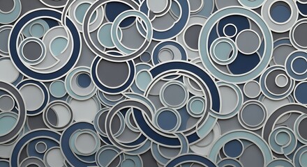 A captivating mosaic of interconnected rings and dots in various tones of blue and grey
