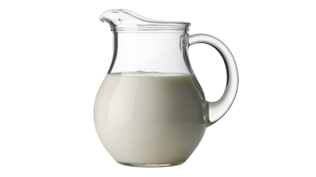 A clear glass pitcher holds fresh white milk ready to pour. - Powered by Adobe