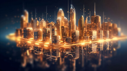 Golden futuristic city skyline reflecting on water surface during night with bright lights illuminating modern architecture