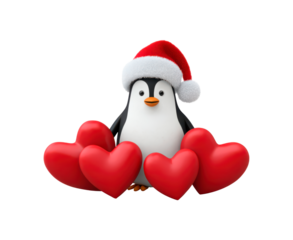 Cute penguin with santa hat and heart balloons for winter holiday themes on transparent background