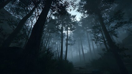 Obraz premium Eerie dark forest path shrouded in mist with tall trees and atmospheric lighting creating a mysterious and secluded woodland scene