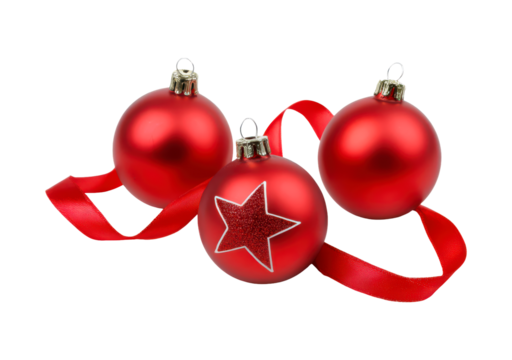 Festive red christmas ornaments with star design and ribbon for holiday decoration on transparent background