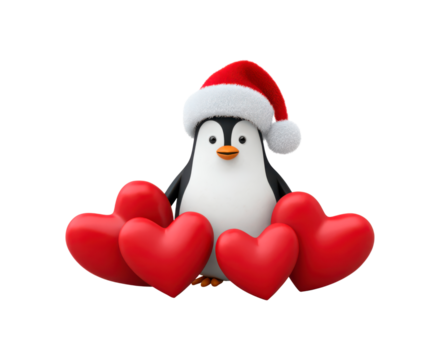 Cute penguin with santa hat and heart balloons for winter holiday themes on transparent background