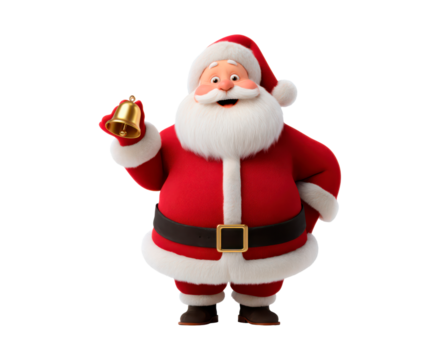 Jolly santa claus holding golden bell for christmas celebration on transparent background