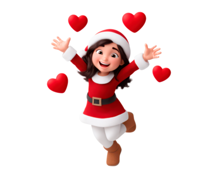 Joyful girl in santa outfit with hearts for christmas celebration on transparent background
