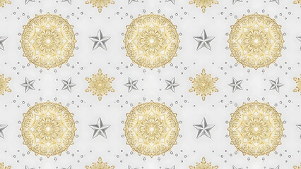 Elegant gold and silver festive pattern with intricate mandala ornaments, delicate snowflakes, and sparkling stars, perfect for holiday backgrounds and celebratory designs