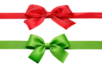 Red and green bows for festive holiday and gift decoration on transparent background