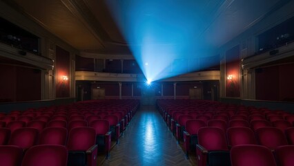 Projector light beam cutting through a dark, classic movie theater with empty red velvet seats at night
