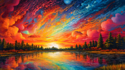 Colorful aurora over tranquil lake surrounded by trees at sunset creates a serene atmosphere in nature