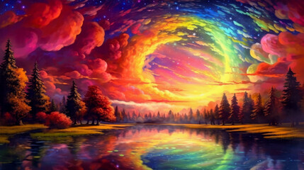 Colorful aurora over tranquil lake surrounded by trees at sunset creates a serene atmosphere in nature