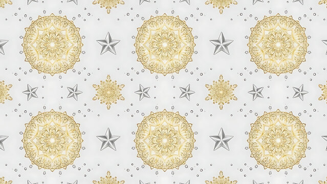 Elegant gold and silver festive pattern with intricate mandala ornaments, delicate snowflakes, and sparkling stars, perfect for holiday backgrounds and celebratory designs