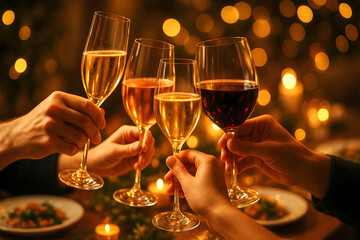 Holiday Champagne Toast &ndash; Warm Celebration Scene with Sparkling Wine & Golden Bokeh Lights