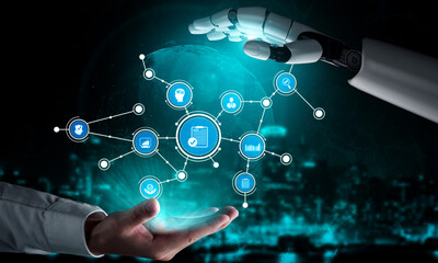 Fototapeta premium A compelling representation of human-robot collaboration showcasing digital connection icons and a futuristic interface, symbolizing advancements in technology and innovation. Tessel
