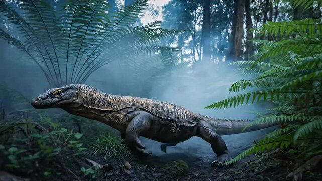 Ancient komodo reptile prowls misty, rainforest, amid towering ferns and a shadowed, damp floor under haze