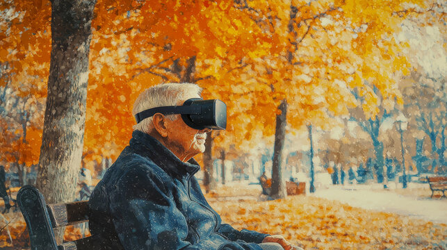 Elderly man in virtual reality headset on park bench surrounded by autumn foliage.
