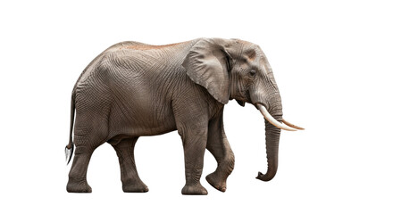 Fototapeta premium majestic full-body studio portrait of an african bush elephant in side profile, massive grey wrinkled skin and ivory tusks, moving slowly on a transparent background with copy space. concept for