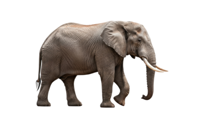 majestic full-body studio portrait of an african bush elephant in side profile, massive grey wrinkled skin and ivory tusks, moving slowly on a transparent background with copy space. concept for