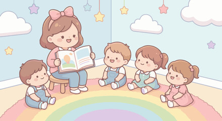“Cute kawaii teacher reading a picture book to smiling children sitting on a rainbow rug, pastel tones, chubby rounded characters.”