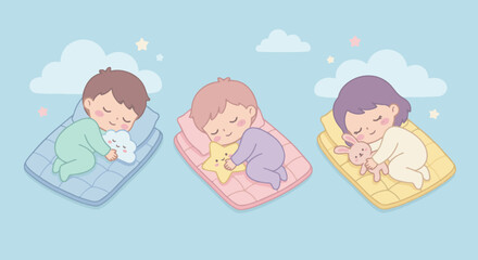 “Kawaii kids napping on tiny pastel mats with small plush toys, gentle dreamy palette, cute sleepy expressions.”  flat vector style solid colour”