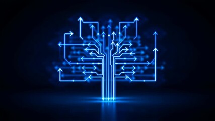 Glowing blue server tree with optic lines and networking arrows symbolizes communicate and digital data flow futuristic technology concept, highlighting digital server networking, optic communicate - Powered by Adobe