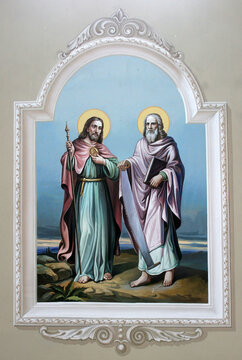 Saints Simon and Judas Thaddeus, fresco in the parish church of the Exaltation of the Holy Cross in Oprisavci, Croatia