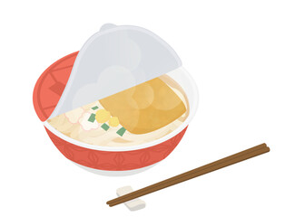 蓋が開いたカップうどんのイラスト