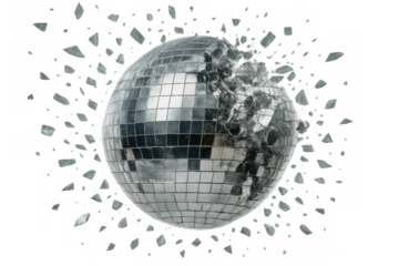 Disco ball shattering into many pieces with glass shards exploding, symbolizing ending parties and broken dreams, transparent background